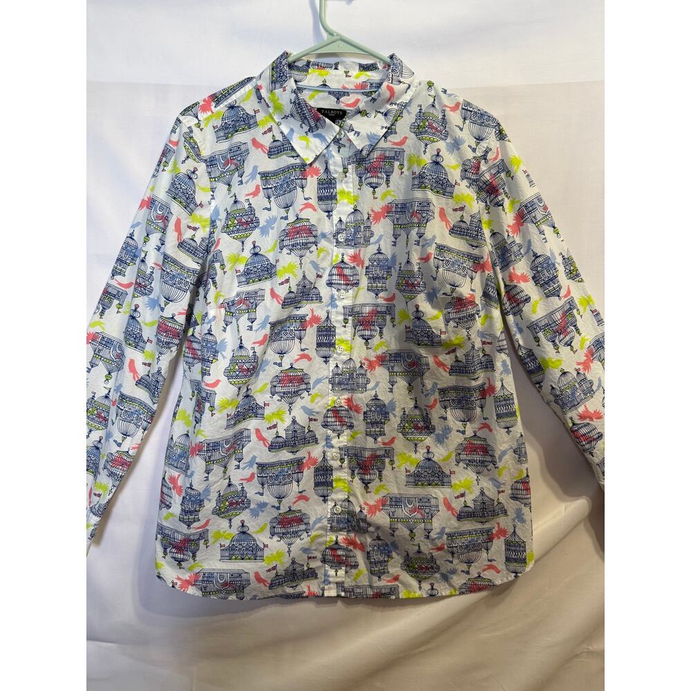 Talbots Women XL Birdcage Bird Print Button Front Shirt 100% Cotton